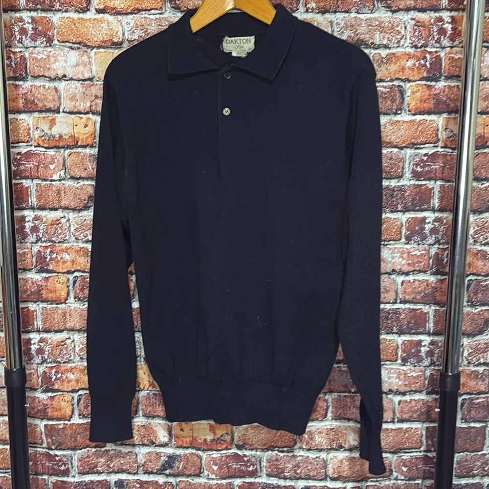 Vintage Oakton long sleave polo sweater medium acrylic black woven nice clean